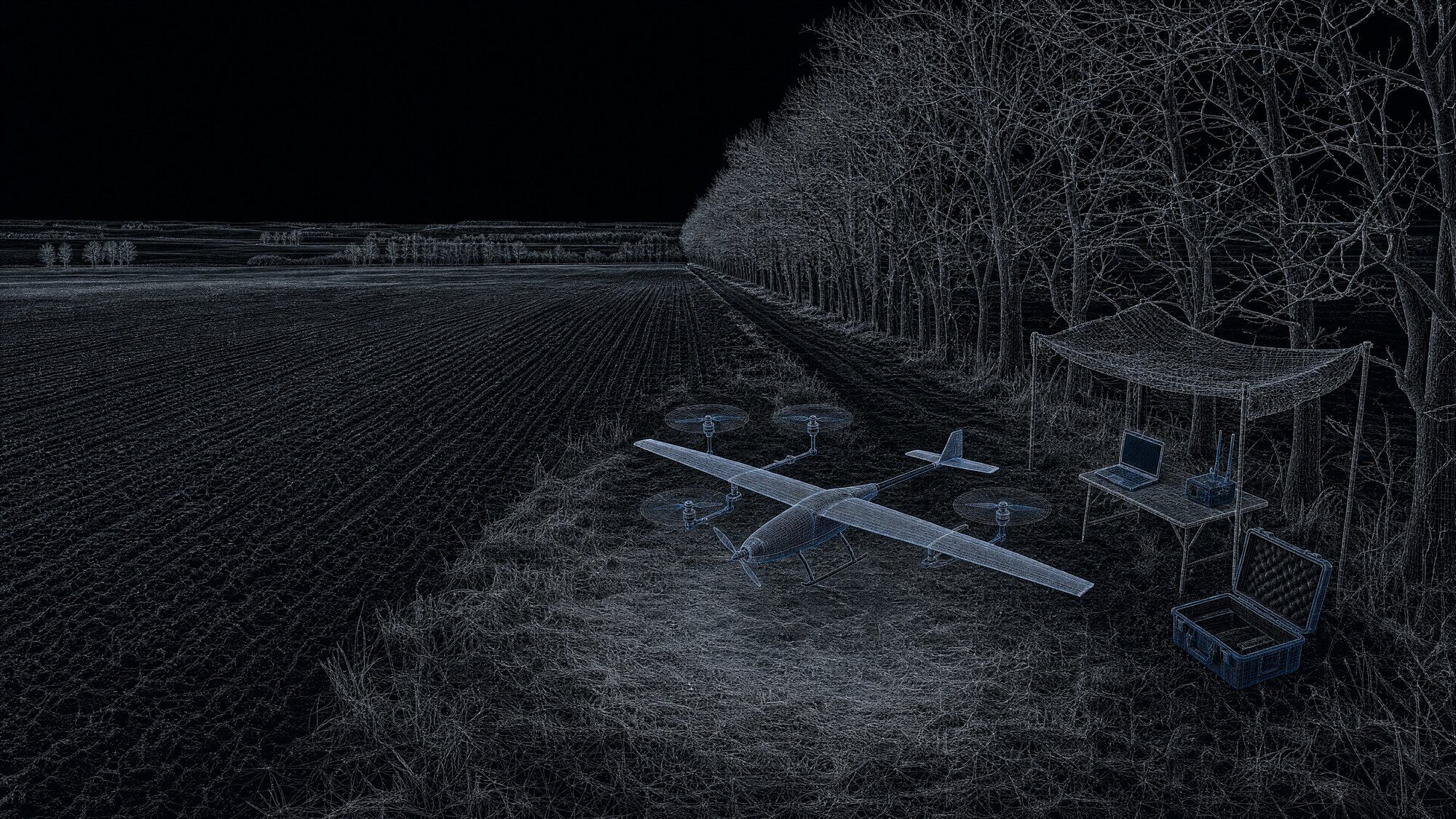 VTOL-літак на землі біля лісосмуги перед стартом; поруч — пункт оператора під навісом і відкритий кейс.