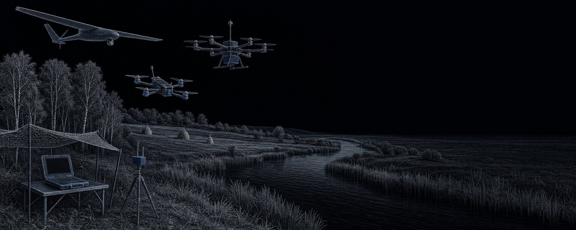 Панорама річкової долини: БпЛА, FPV-дрон і октокоптер-ретранслятор у небі, наземна станція під навісом на березі.