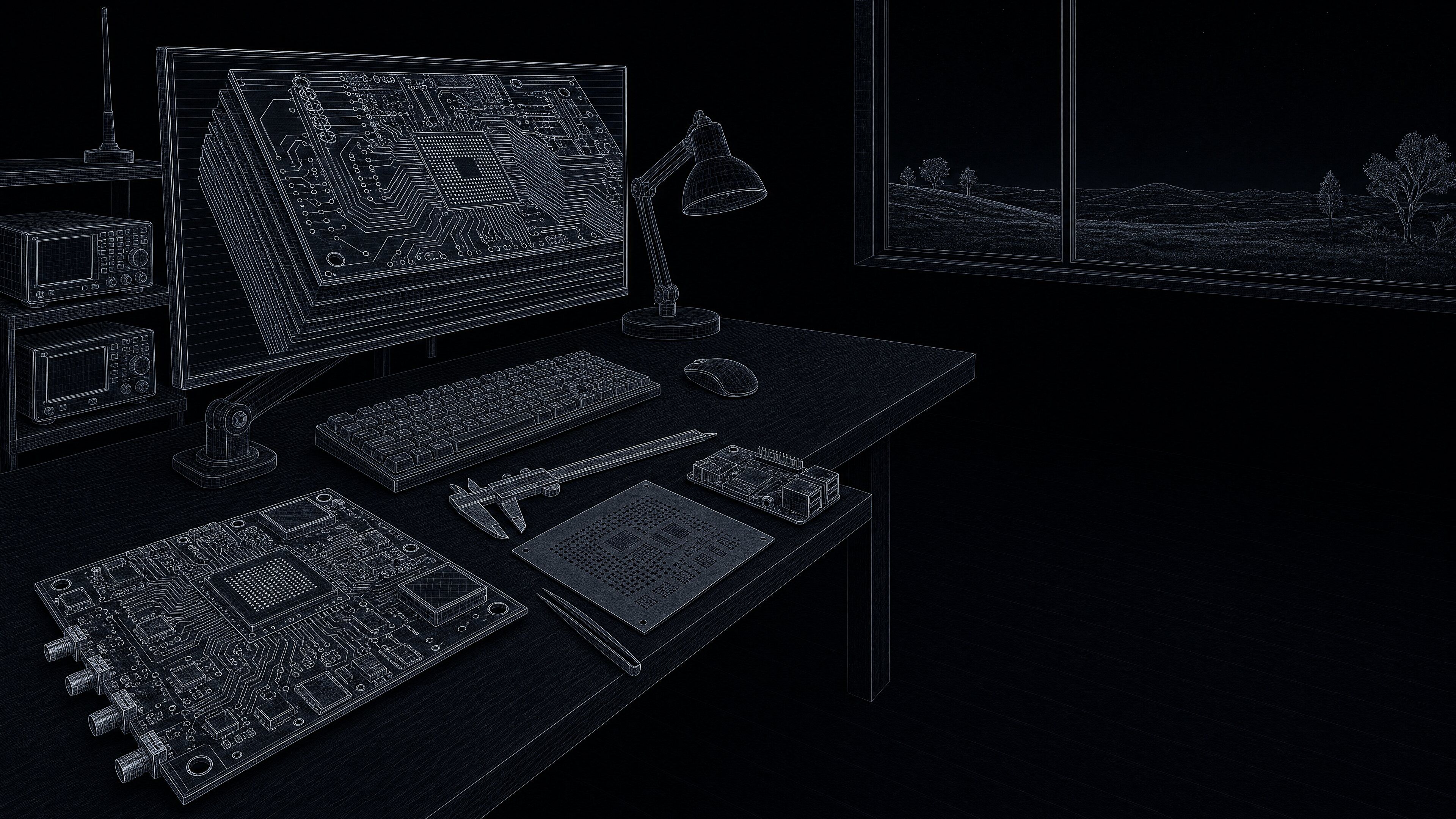 Illustration: a PCB designer’s workstation at night — a multilayer board layout on a large monitor; on the desk a bare board with a BGA chip and SMA connectors, calipers, a solder paste stencil, tweezers and a single-board computer; RF instruments and an antenna on the shelf, a night field outside the window.