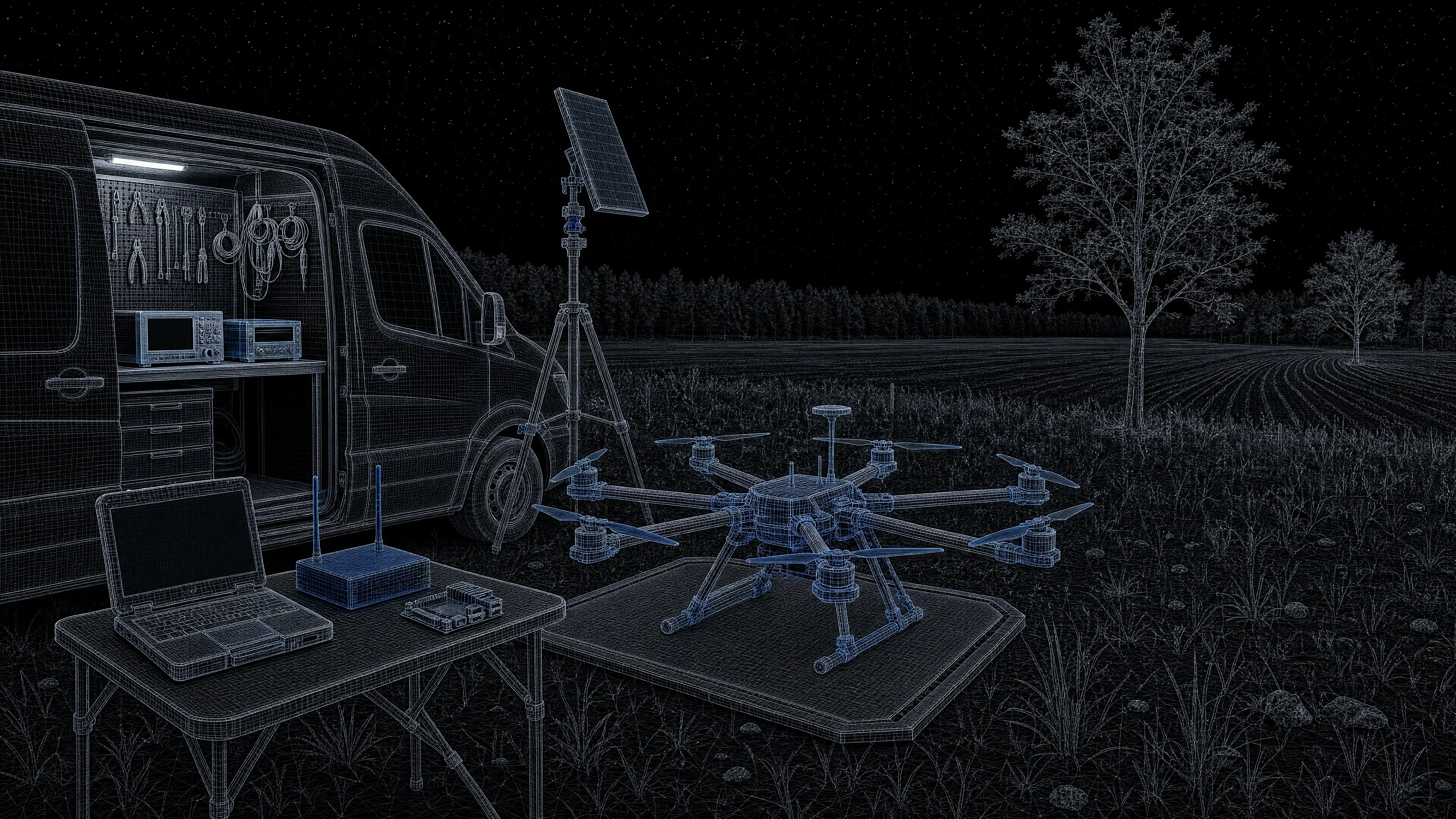 Illustration: a field test at night — a van with its side door open and an oscilloscope on the workbench inside, a rugged laptop, an SDR with antennas and a single-board computer on a folding table, a heavy octocopter on a landing pad, a panel antenna on a tripod, then a field and a tree line.