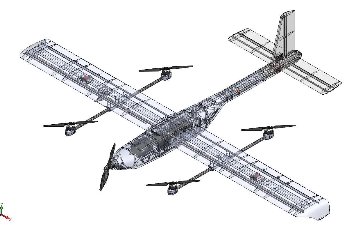 CAD wireframe of the HAL-9001 airframe on a plain background — semi-transparent surfaces over the internal structure, showing the straight wing, four lift rotors on two booms, a tractor propeller in the nose and a conventional tail.