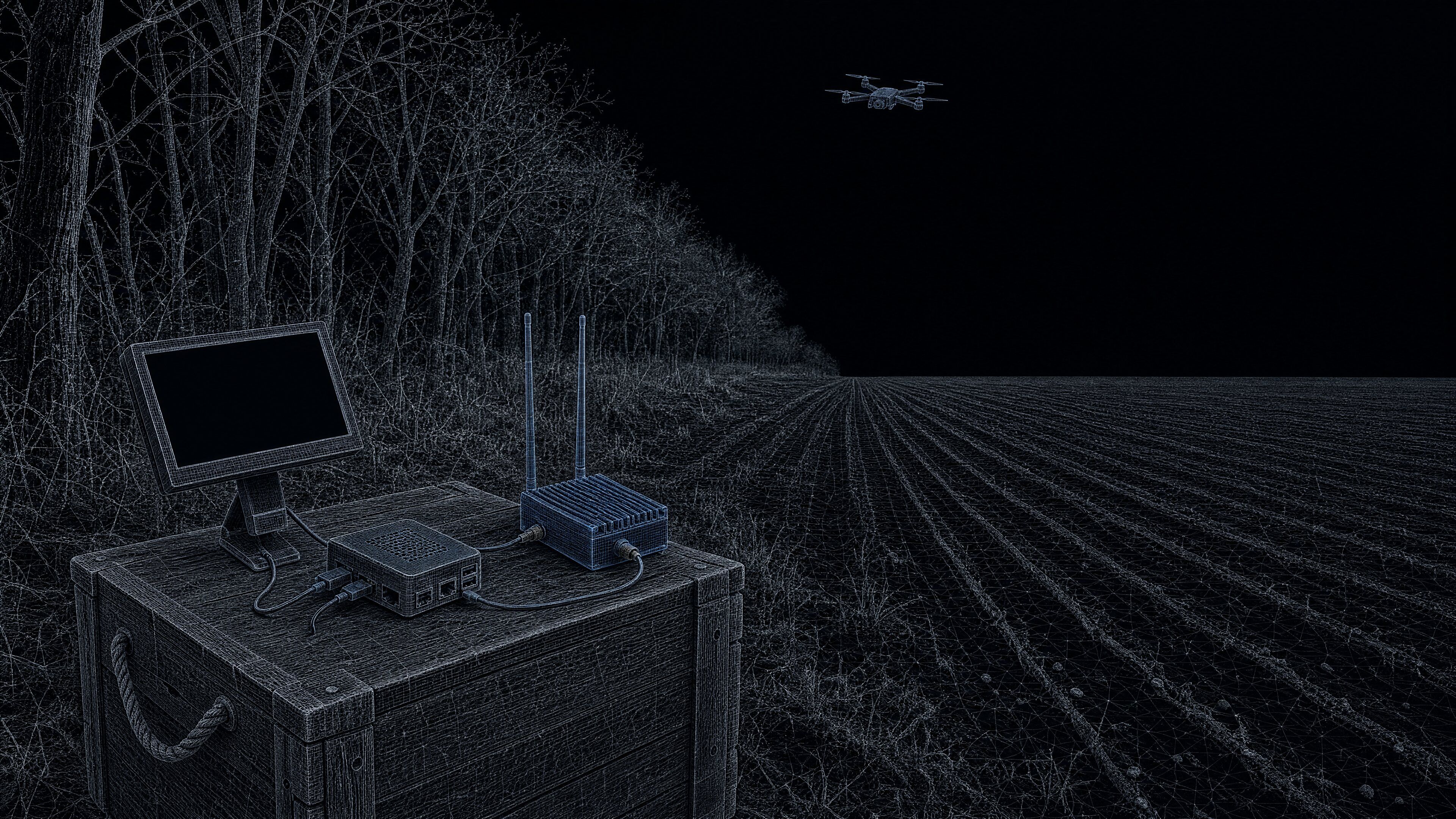 Illustration in a wireframe 3D-scan style: a wooden crate at a tree line holding a small monitor with a dark screen, a single-board computer in a case and an SDR receiver with two rod antennas; far off above the ploughed field, a small FPV quadcopter