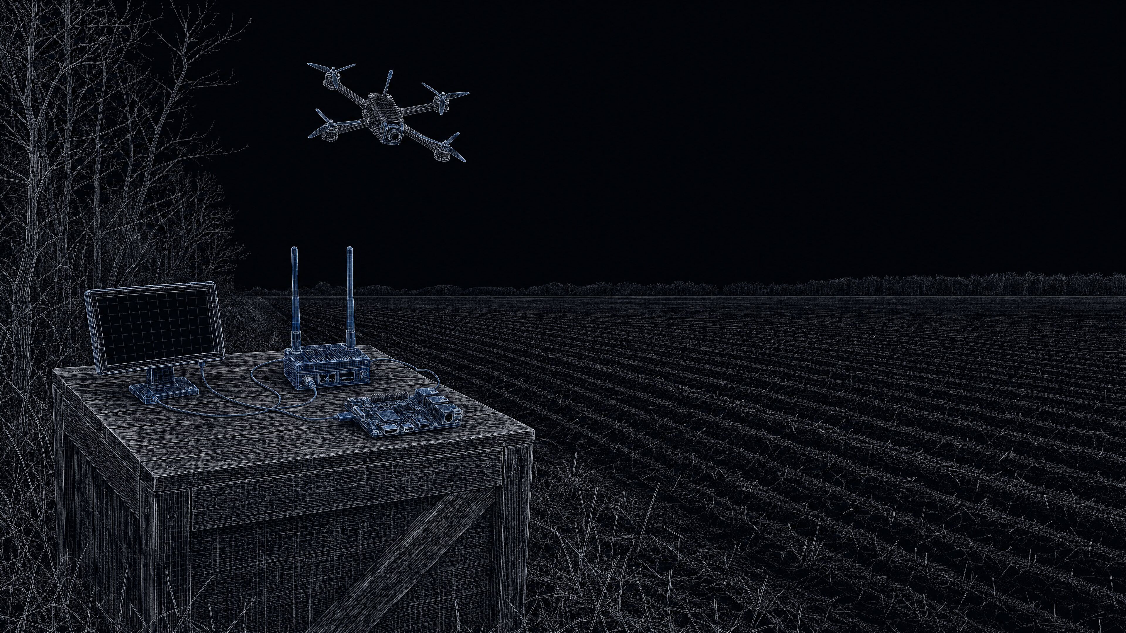 Wireframe illustration: at a field edge by bare trees, a wooden crate holds a small HDMI monitor, an SDR receiver with two rod antennas and a single-board computer, linked by cables; an FPV quadcopter flies over the ploughed field.